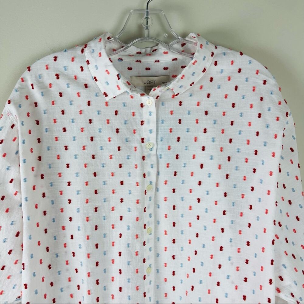 NWT Loft white blue pink dot coastal lightweight button front shirt top LP - Picture 2 of 7